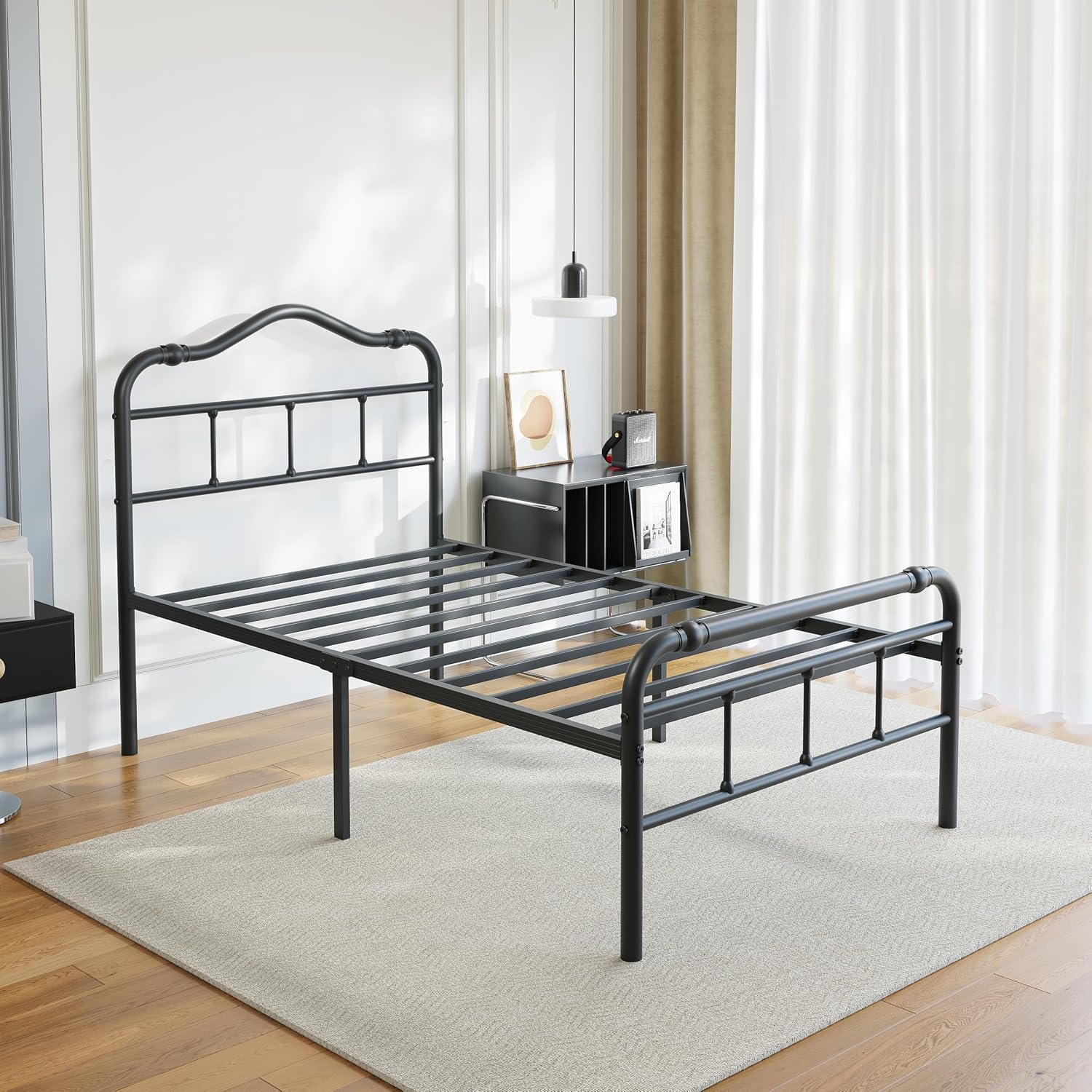 BOSRII 18 Inch Twin Size Metal Bed Frame with Headboard and Footboard Heavy Duty Platform Bed Vintage Iron Wrought Frames Steel Slats, Easy Assembly, No Box Spring Needed, Noise Free, Black