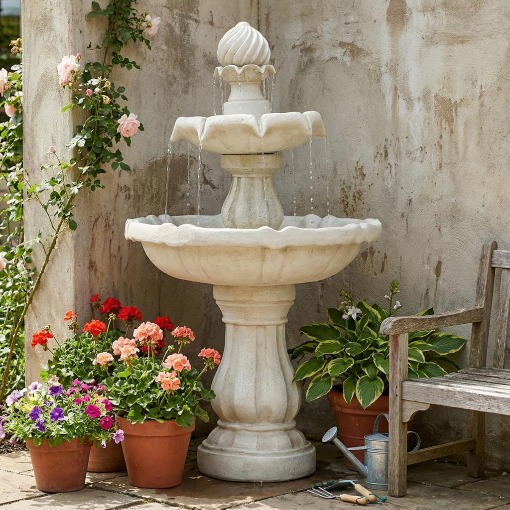 Merax 37.4' H 2-Tier White Polyresin Outdoor Water Fountain, Classic Pedestal Cascading Water Feature for Patio Garden Yard Decor