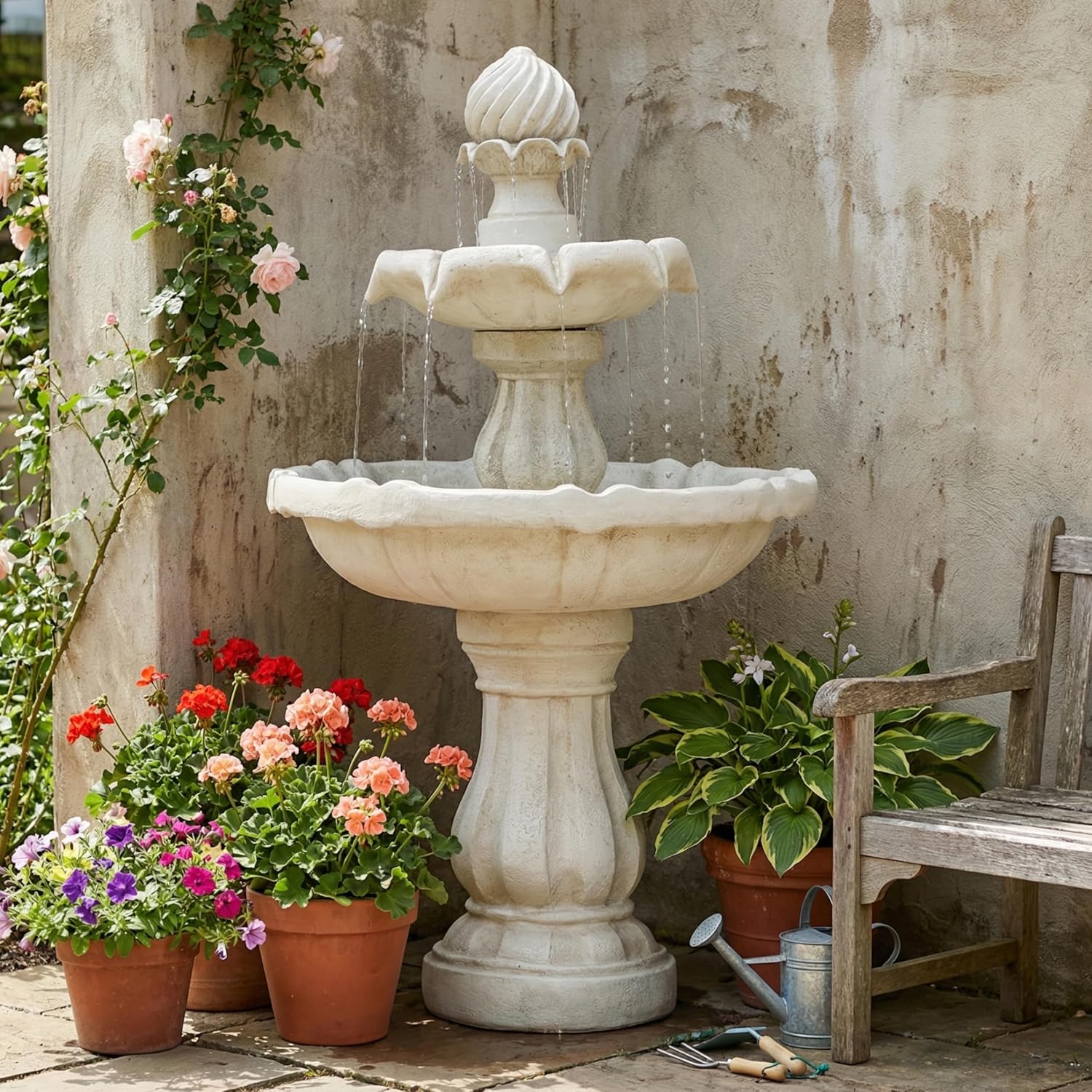 Merax 37.4' H 2-Tier White Polyresin Outdoor Water Fountain, Classic Pedestal Cascading Water Feature for Patio Garden Yard Decor