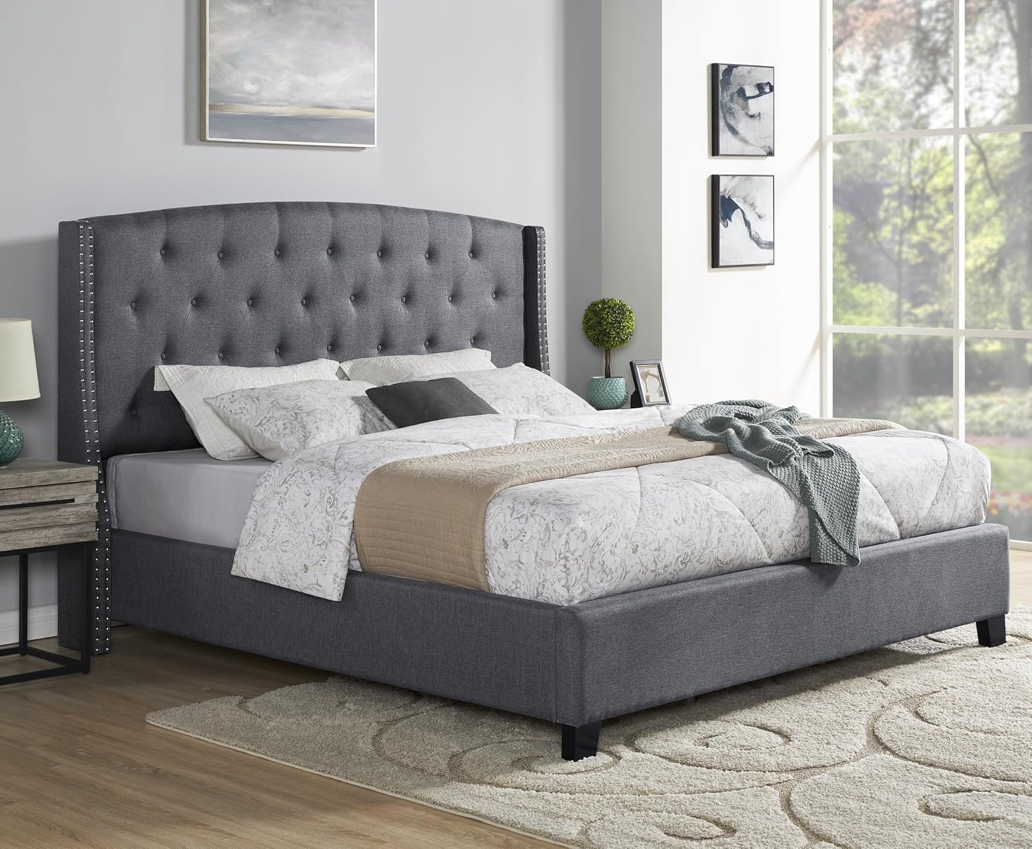 Roundhill Furniture Nantarre Fabric Tufted Wingback Upholstered Bed with Nailhead Trim, King, Gray