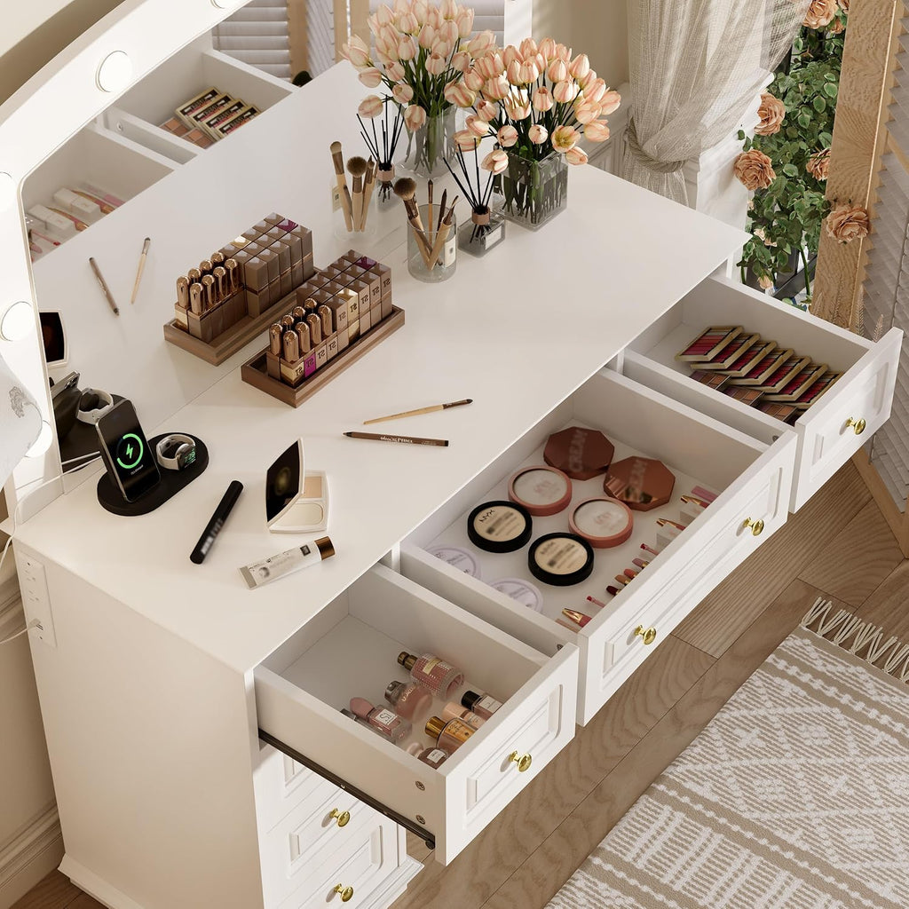 Merax 44.2' Makeup Vanity Desk with Mirror and 10 Bulbs, White Dressing Table with Cushioned Stool and 9 Storage Drawers for Bedroom