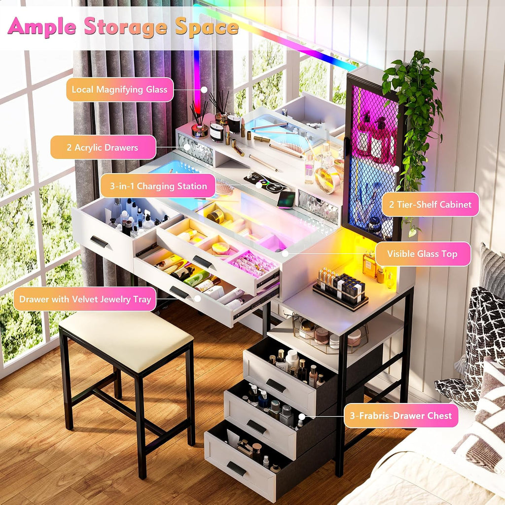 Lvifur RGB Vanity Desk - with Mirror and Lights,7 Dynamic & 24 Static Dimmable Vanity Table Set with Charging Station,Human Sensor LED Vanities w/Glass Top,6 Drawers,Stool,White