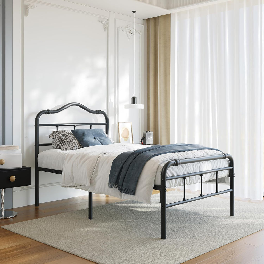 BOSRII 18 Inch Twin Size Metal Bed Frame with Headboard and Footboard Heavy Duty Platform Bed Vintage Iron Wrought Frames Steel Slats, Easy Assembly, No Box Spring Needed, Noise Free, Black