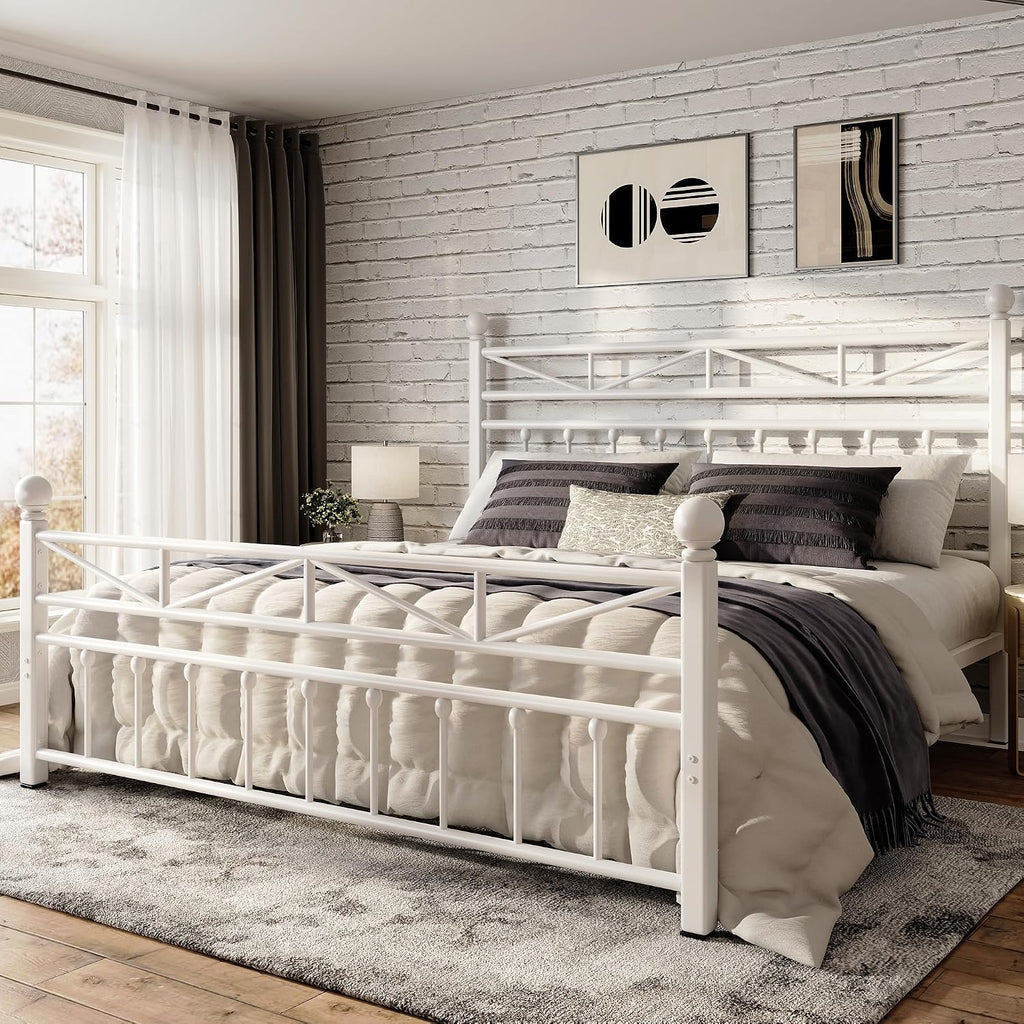 EnHomee 14.2' Metal Full Size Bed Frame with Tall Headboard & Footboard, LED Light Full Bed Frame, Strong Metal Slats Support and Noise-Free Design with Under Bed Storage/No Box Spring Needed/White