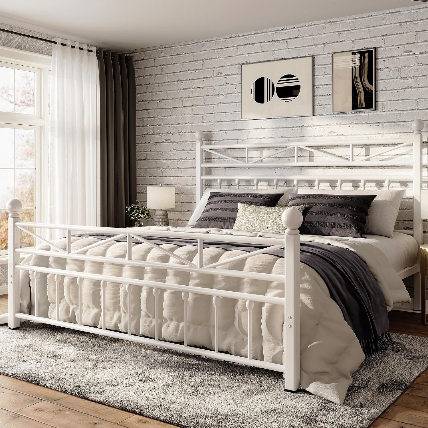 EnHomee 14.2' Metal Full Size Bed Frame with Tall Headboard & Footboard, LED Light Full Bed Frame, Strong Metal Slats Support and Noise-Free Design with Under Bed Storage/No Box Spring Needed/White