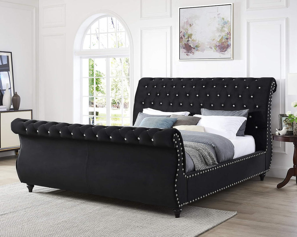 Evora Black Velvet Upholstered Crystal Button Tufted Sleigh Bed, Queen Size