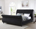 Evora Black Velvet Upholstered Crystal Button Tufted Sleigh Bed, Queen Size