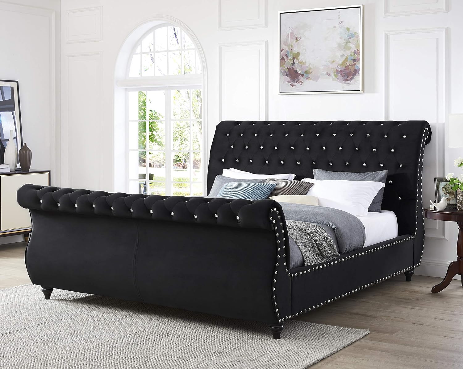 Roundhill Furniture Evora Velvet Upholstered Button Tufted, King, Black