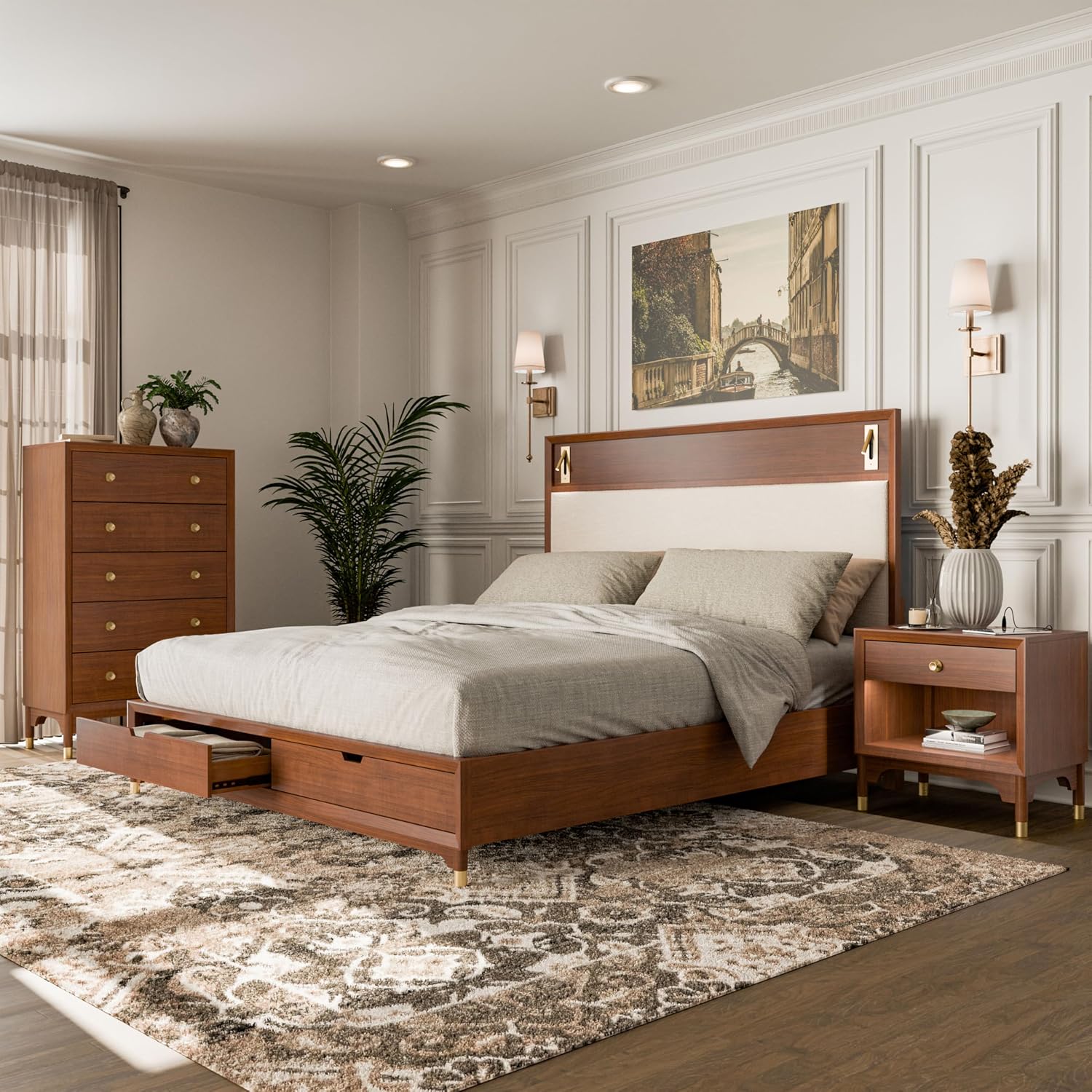 Furniture of America Forma Modern Solid Wood 3-Piece Bedroom Set with Storage Bed with LED Lights, Ball-Bearing Glide on Nightstand and Chest, No Box Spring Needed, King, Walnut
