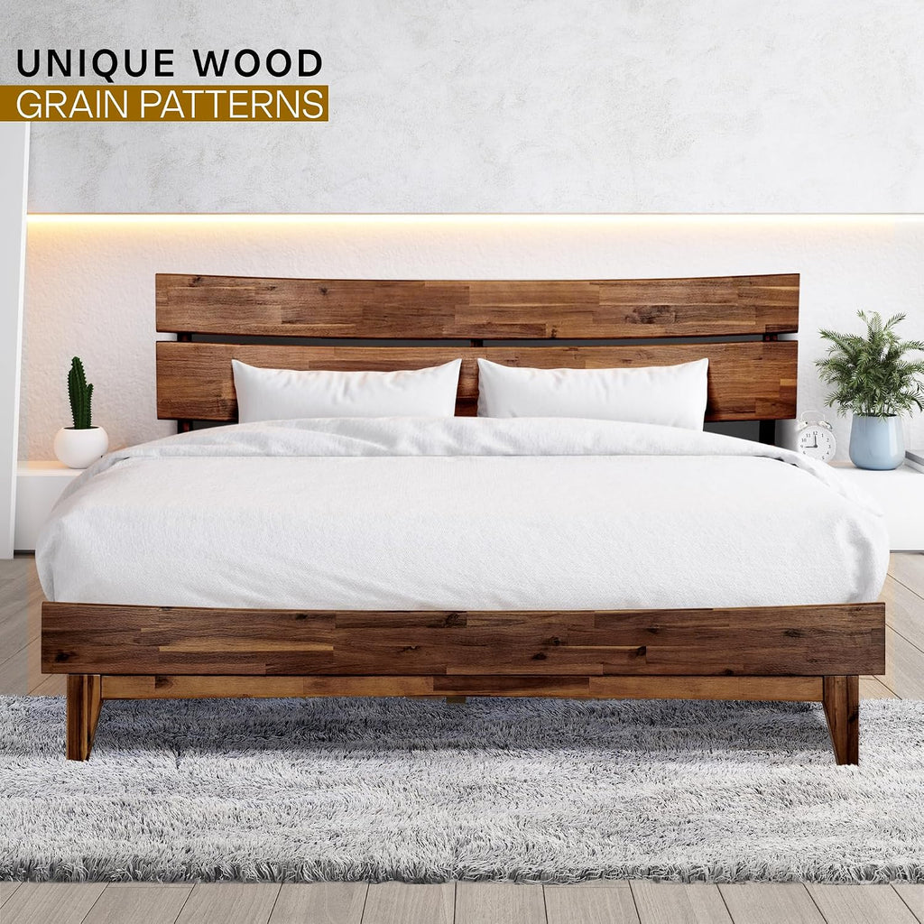 Acacia Aurora Bed Frame with Headboard Solid Wood Platform Bed, Bed Frame King, Scandinavian Signature Wood Bed Compatible with All Mattress Types, Non-Slip and Noise-Free, Chocolate
