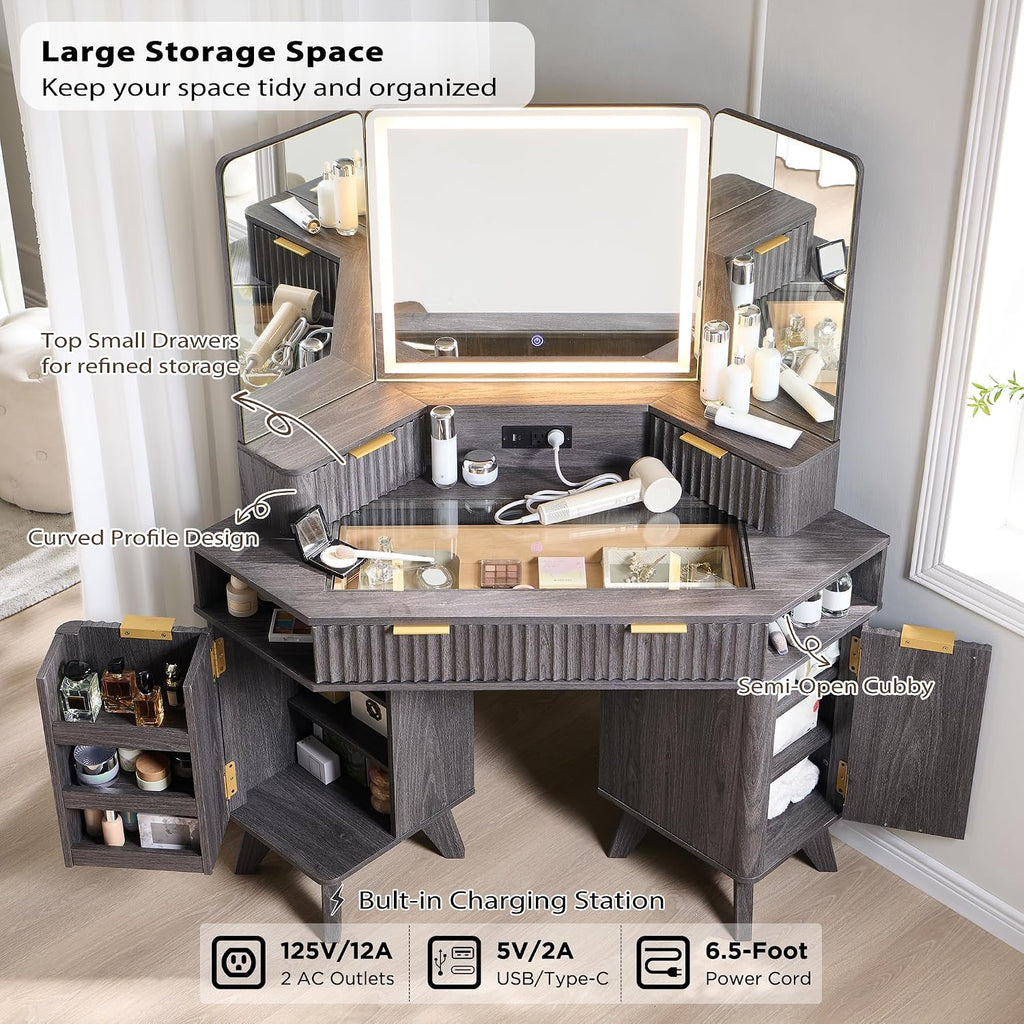 T4TREAM Fluted Makeup Vanity Desk with 3 Way Mirror and Lights, 48' Large Corner Vanity Table with Glass Top, Charging Station, 3 Drawers, Storage Cabinets & Shelves, for Bedroom, Dark Alder