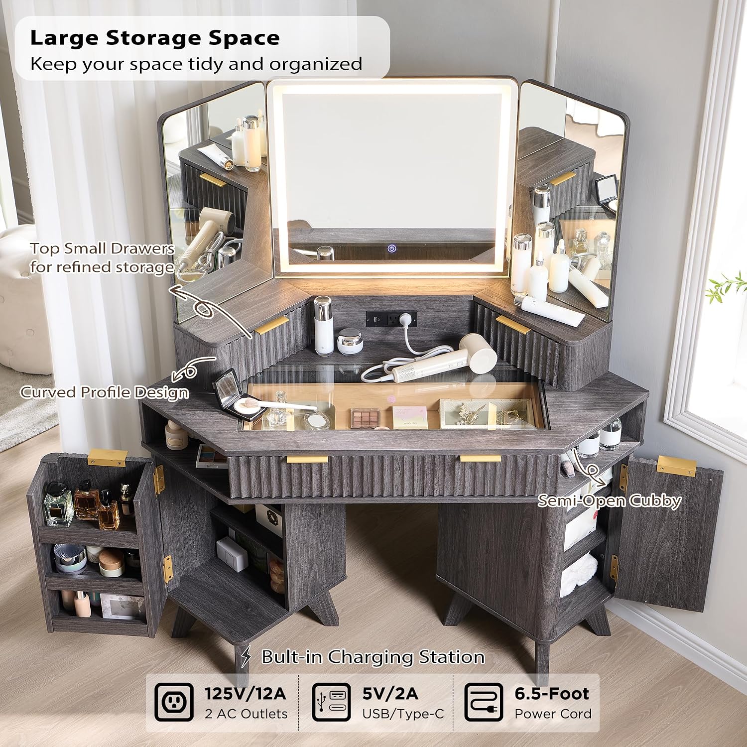 T4TREAM Fluted Makeup Vanity Desk with 3 Way Mirror and Lights, 48' Large Corner Vanity Table with Glass Top, Charging Station, 3 Drawers, Storage Cabinets & Shelves, for Bedroom, Dark Alder