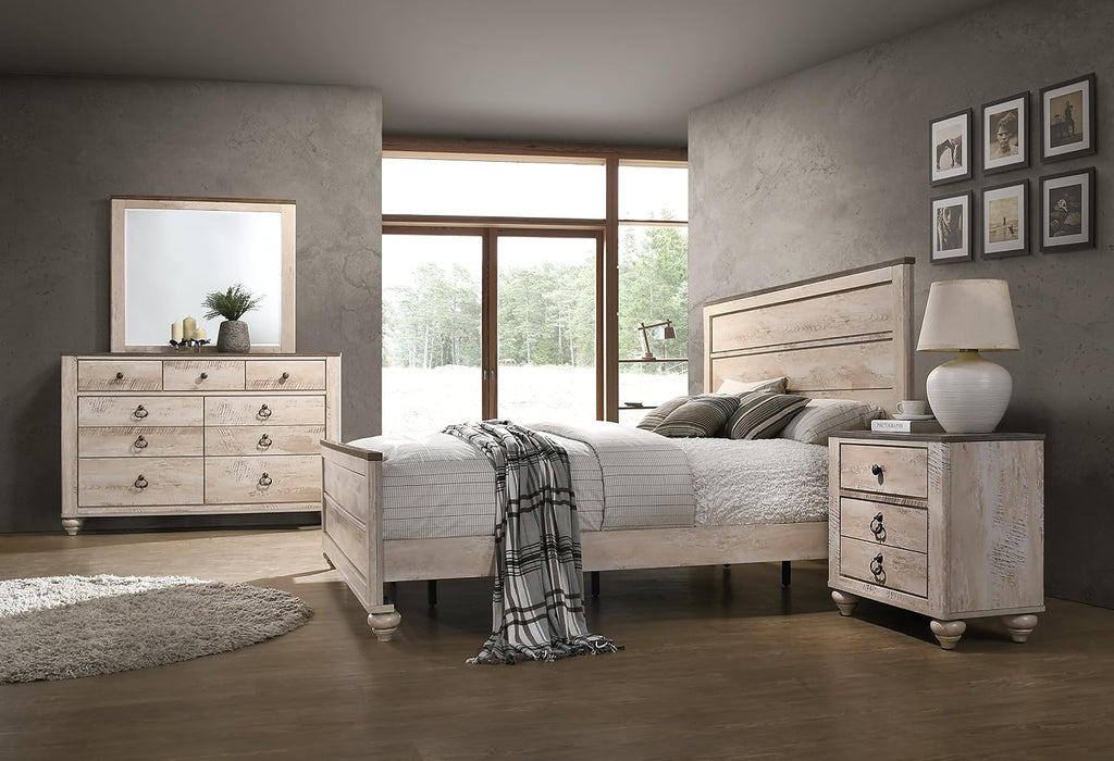 Contemporary White Wash Finish 4-Piece Bedroom Set-King Bed, Dresser, Mirror and Nightstand