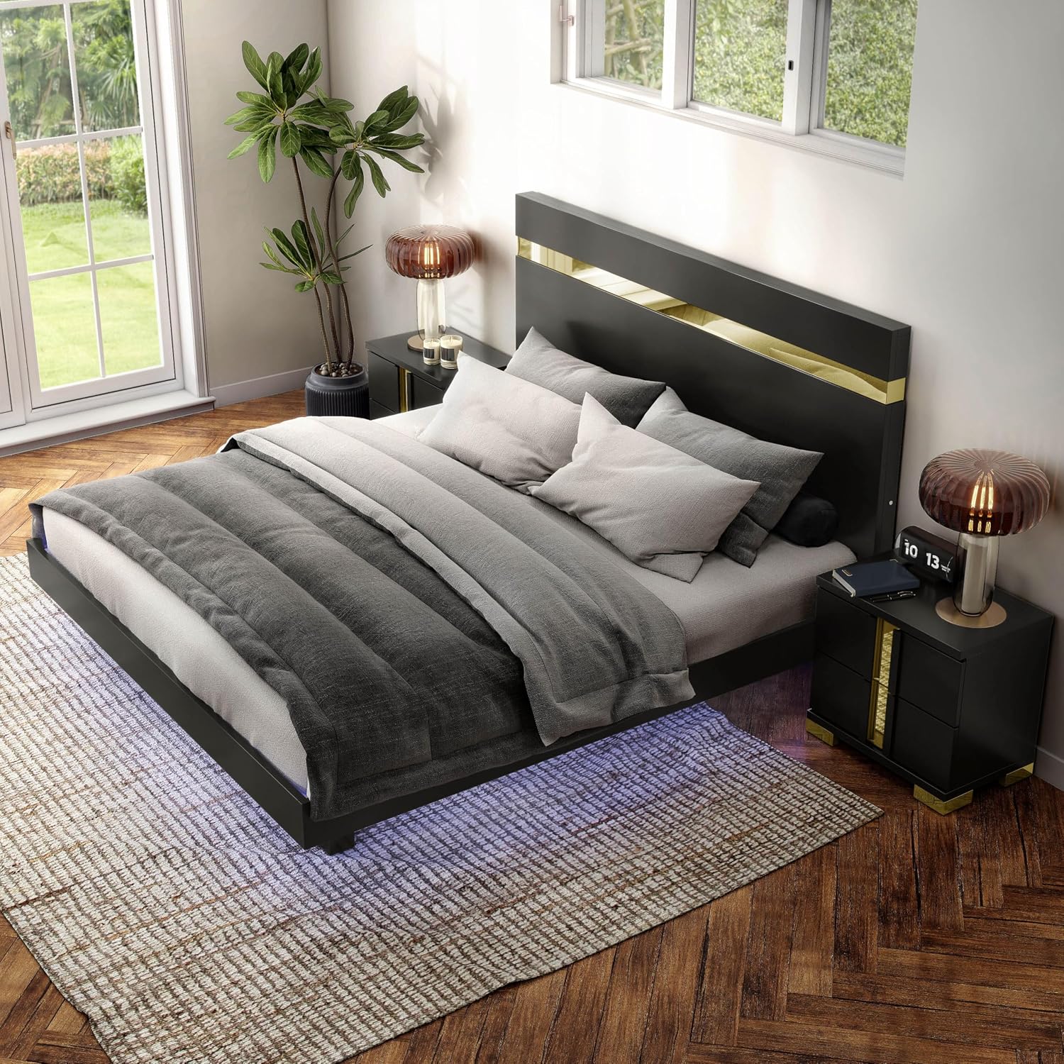Furniture of America Ansten Modern Wood 3-Piece Platform Bedroom Set with Gold Trim, Underbed LED, Dust Proof Cases, Bracketed Metal Legs, No Box Spring Needed, Queen, Black