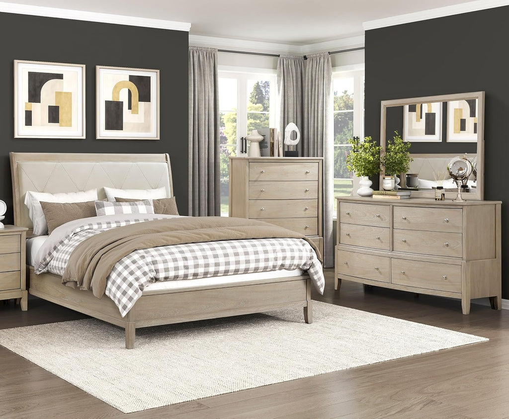 4-Pieces Upholstered King Bed Set Beige Finish Modern Farmhouse Style Durable Wooden Furniture