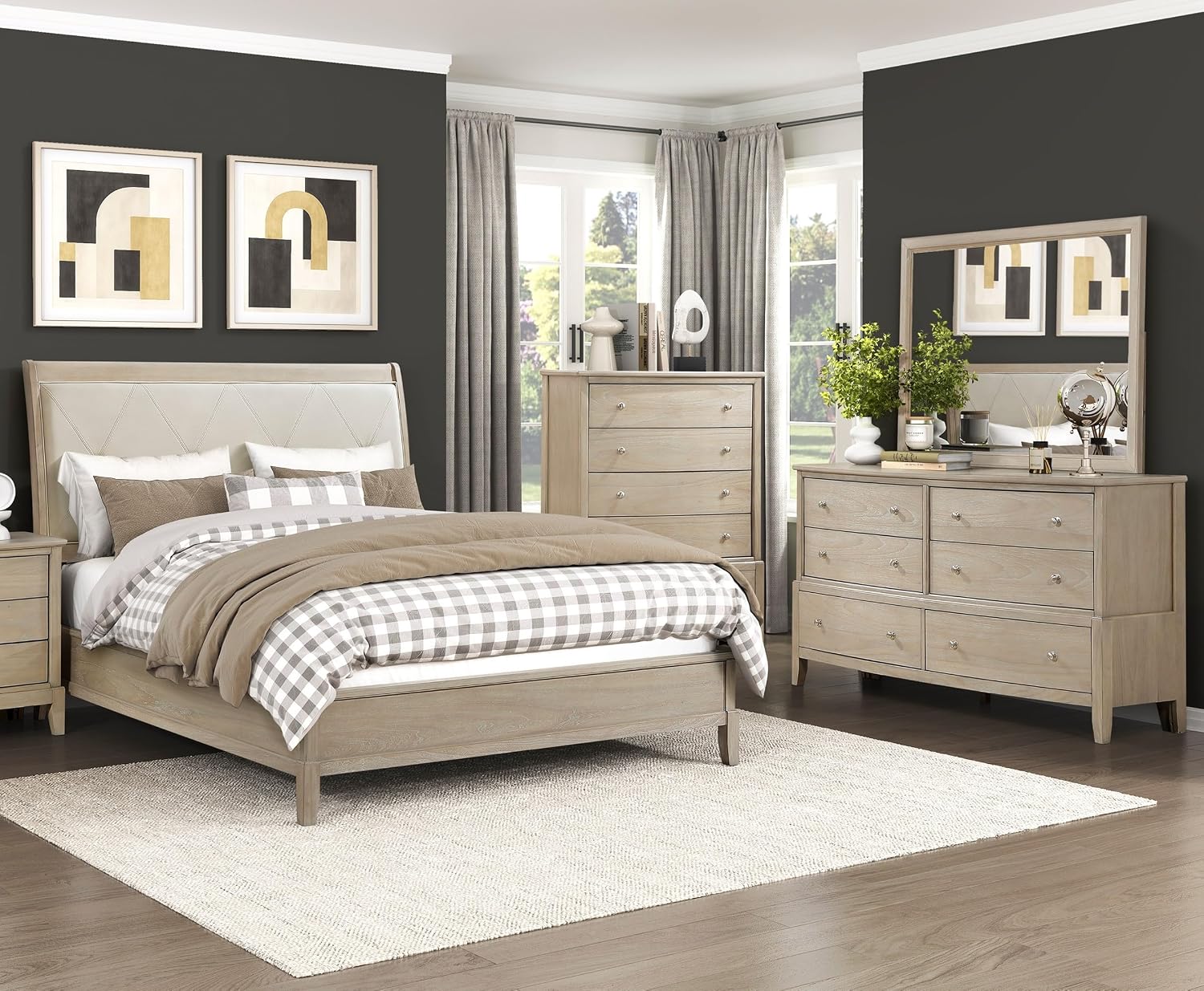 4-Pieces Upholstered King Bed Set Beige Finish Modern Farmhouse Style Durable Wooden Furniture