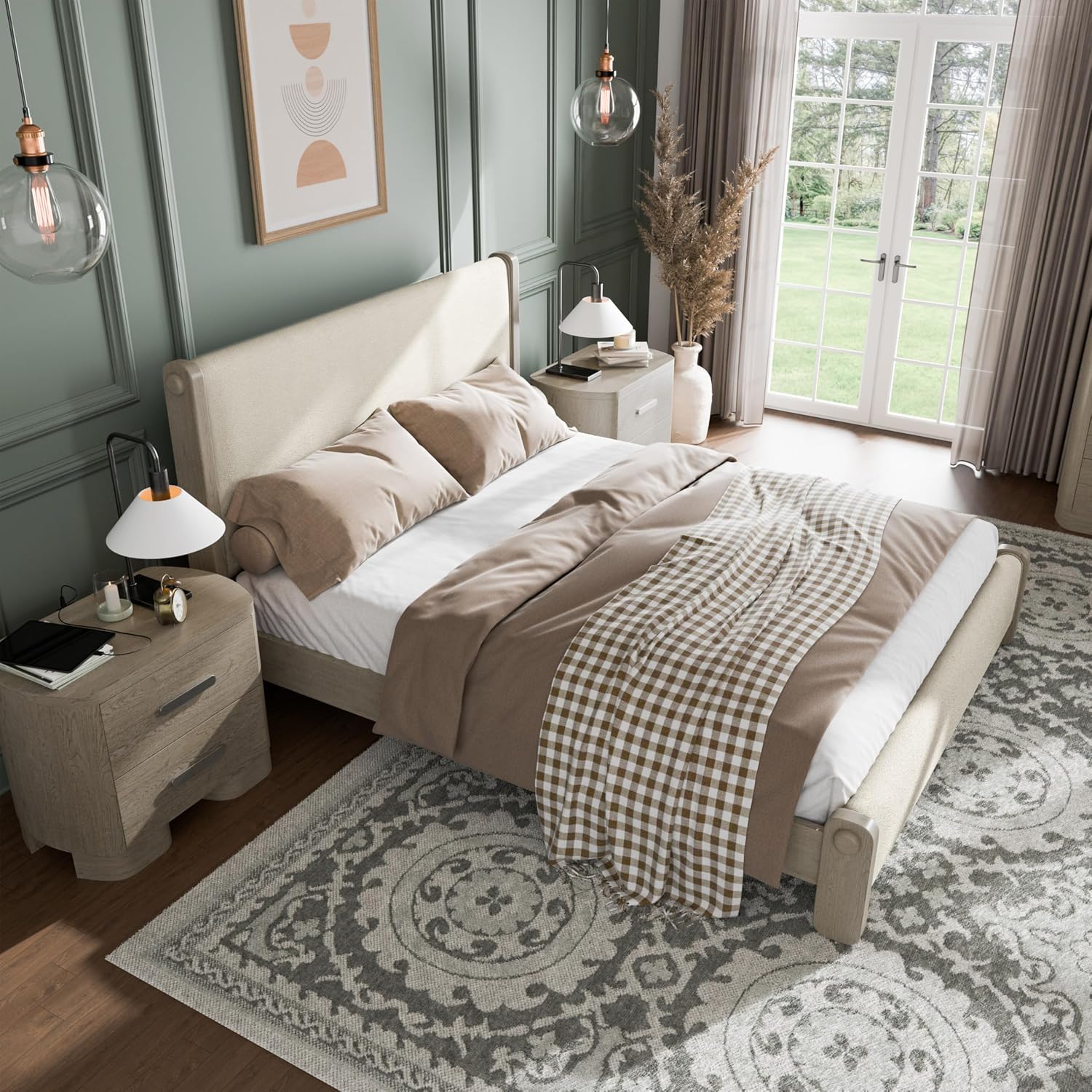 Furniture of America Nainsted Modern Wood 3-Piece Bedroom Set with Padded Headboard, USB Chargers on Nightstand, Metal Slide Glides, Rounded Edges, Box Spring Needed, King, White Oak