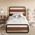 SHA CERLIN Twin Size Metal Bed Frame with Wooden Headboard and Footboard, Heavy Duty Oval-Shaped Platform Bed Frame with 10' Under-Bed Storage, Heavy Duty Slats Support, No Box Spring Needed, Walnut
