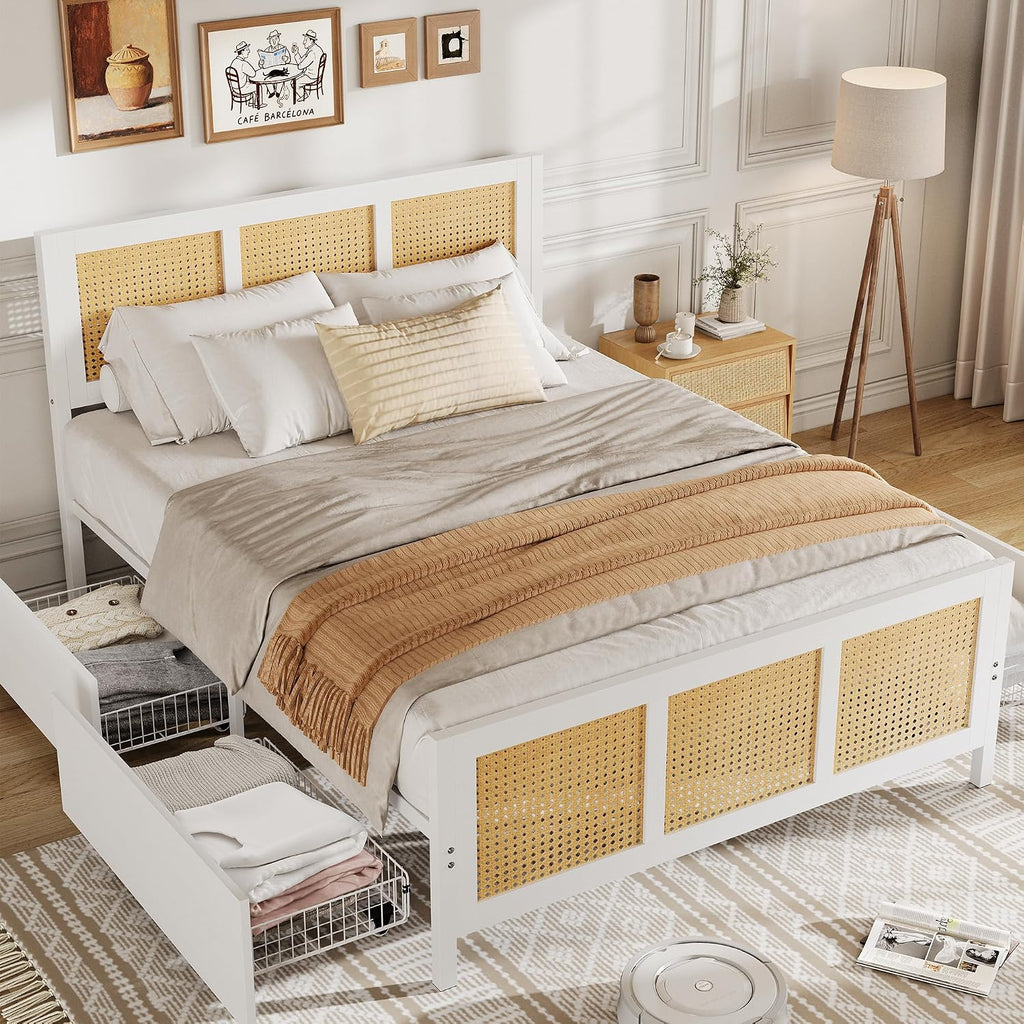 IDEALHOUSE Rattan Bed Frame with Storage Drawers, Boho Full Size Led Bed Frame with Strong Metal Slats Support, No Box Spring Needed, Noise-Free Design, White