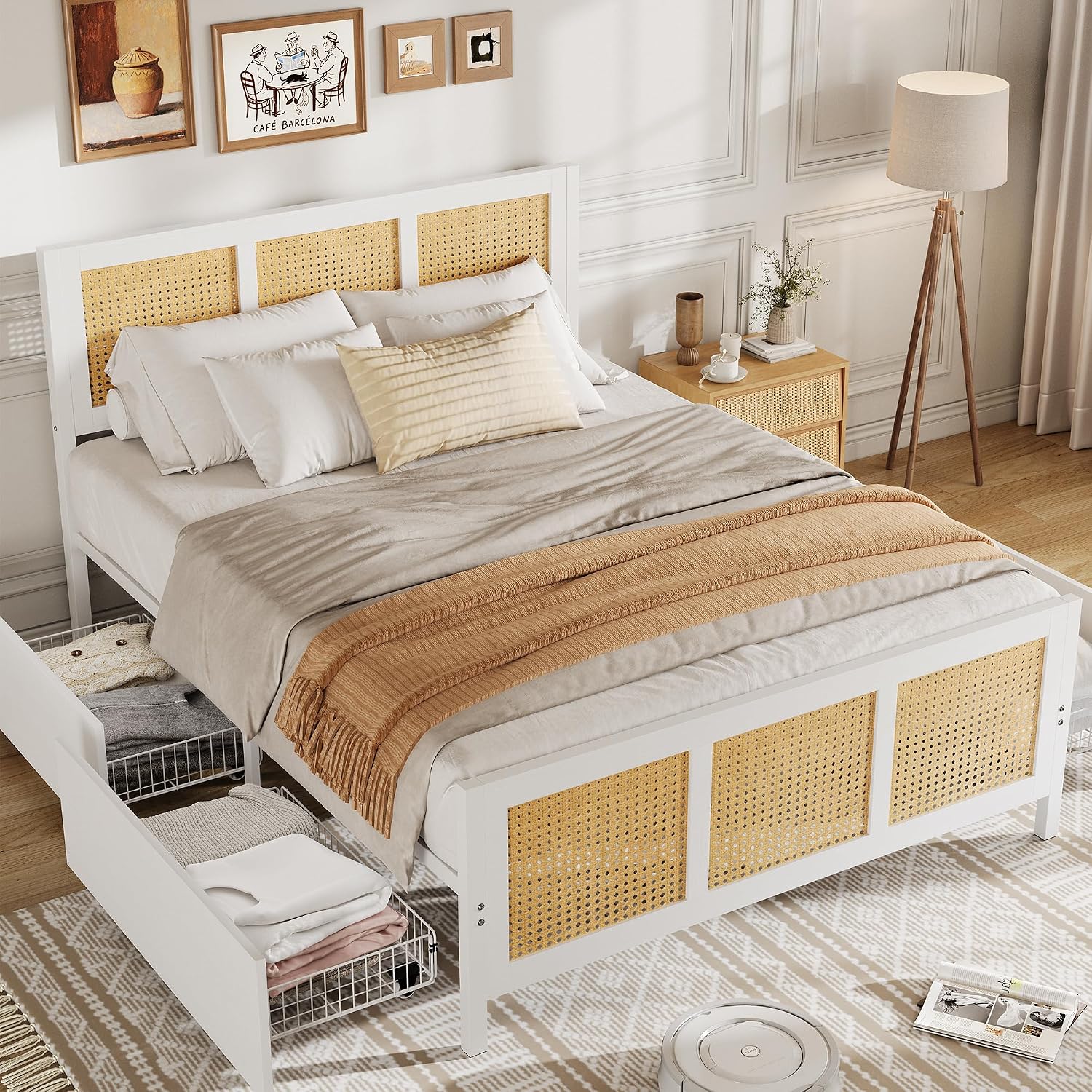 IDEALHOUSE Rattan Bed Frame with Storage Drawers, Boho Full Size Led Bed Frame with Strong Metal Slats Support, No Box Spring Needed, Noise-Free Design, White