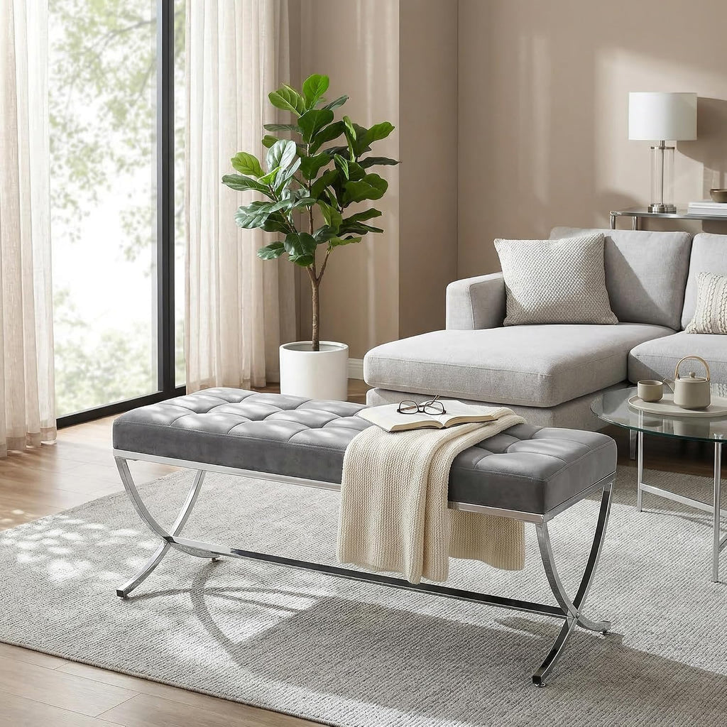 LukeAlon Modern Velvet Dining Bench, Button Tufted Ottoman Bench with X-Shape Chrome Finish Upholstered End of Bed Bench Comfy Entryway Bench for Bedroom Kitchen, Grey