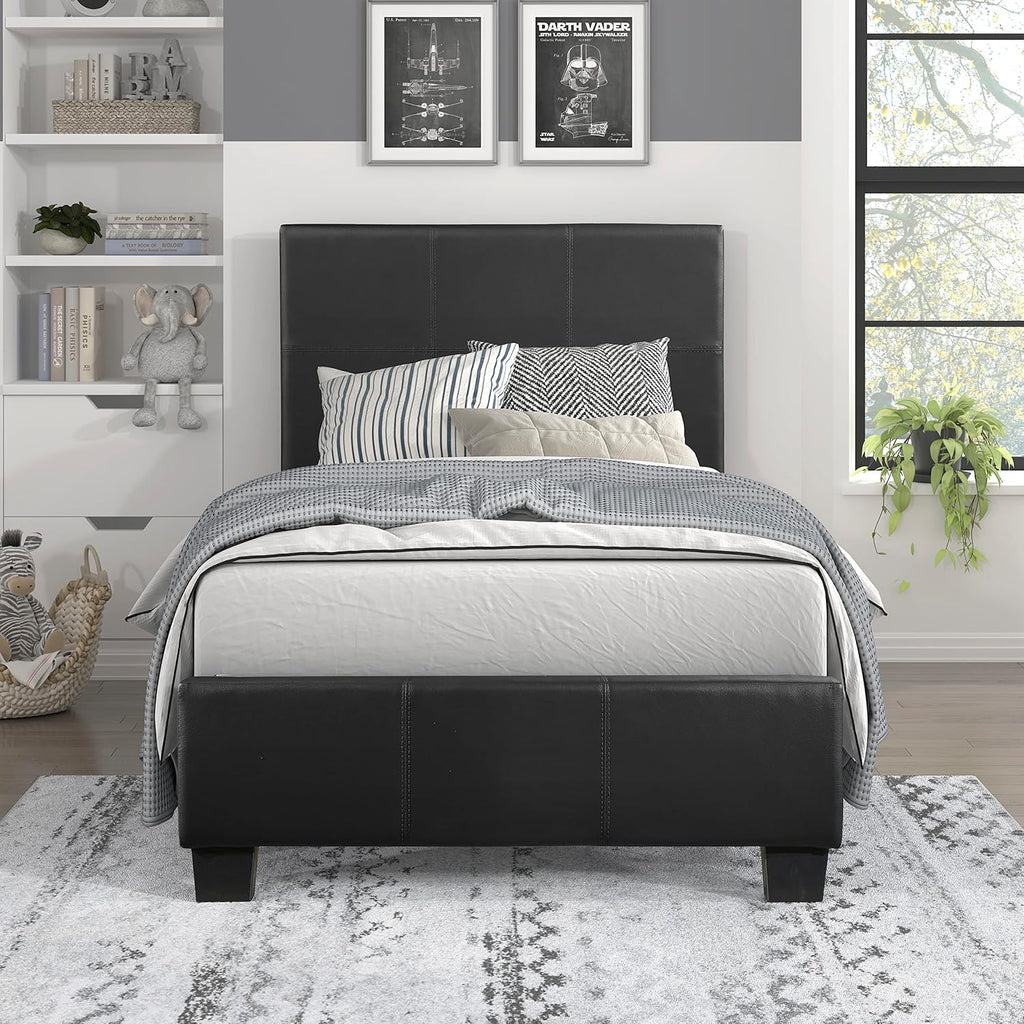 Lexicon Twin Bed Frames with Headboard, Platform Bed, Modern Bed Frame, Faux Leather Upholstered Bed Frame Twin, No Box Spring Required, Easy Assembly, Twin, Black