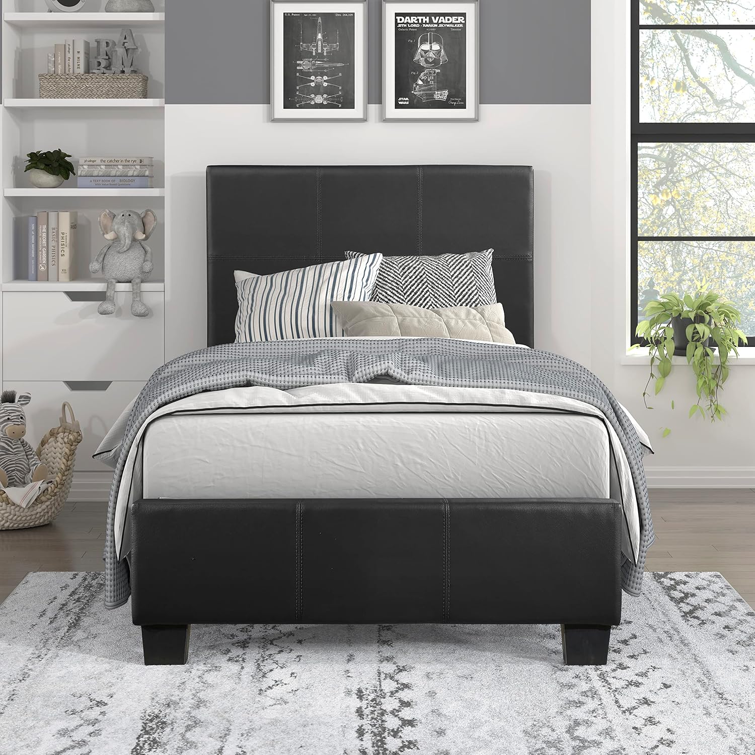 Lexicon Twin Bed Frames with Headboard, Platform Bed, Modern Bed Frame, Faux Leather Upholstered Bed Frame Twin, No Box Spring Required, Easy Assembly, Twin, Black