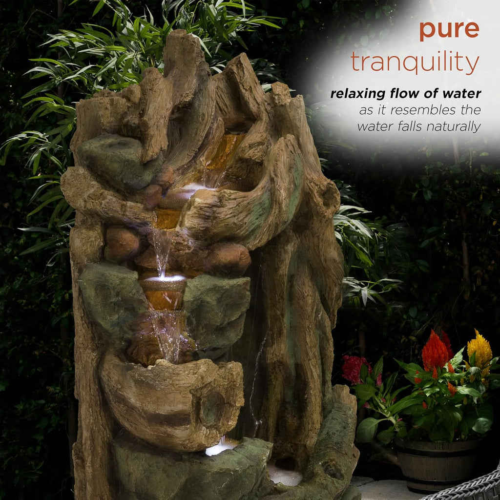 Alpine Corporation TZL200 Outdoor Side Tiering Garden Floor Rainforest Water Fountain with LED Lights, 55', Brown