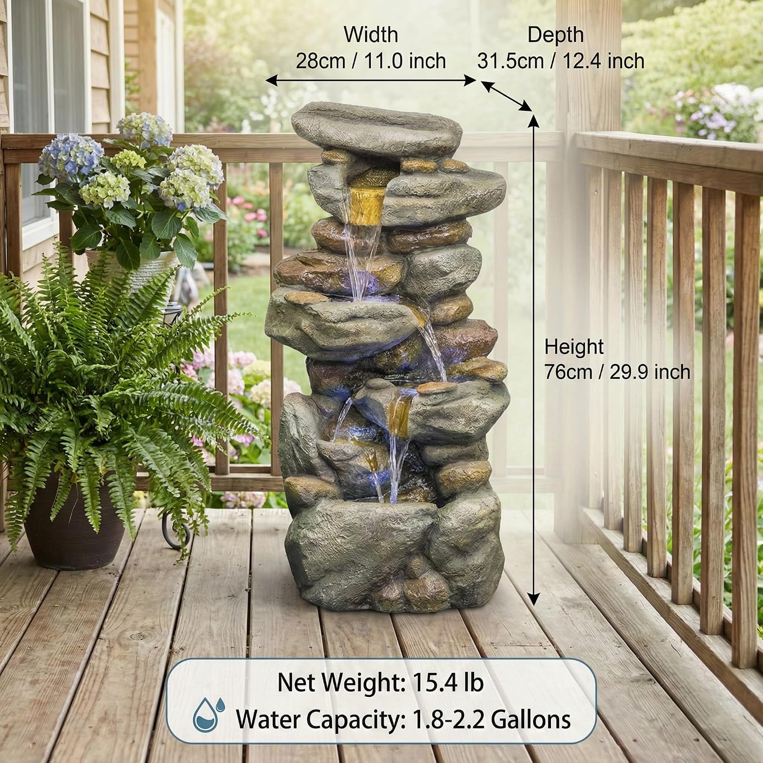 Outdoor Water Fountain Large - Stone Fountains with LED Light for Patio Yard Garden Backyard Decking Outdoor or Entryway Decor 30''
