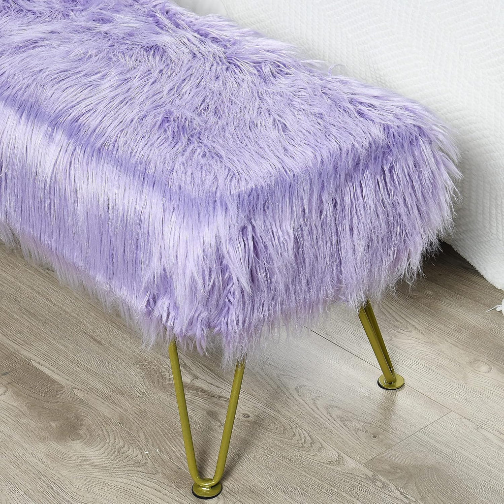 Purple Soft Plush Faux Fur Ottoman Entryway Bench Furry Footrest Stool 46'x16'x17' Sturdy Accent Long Bench for Bedroom End of Bed Vanity Closet Fuzzy Coffee Table for Living Room Gold Legs