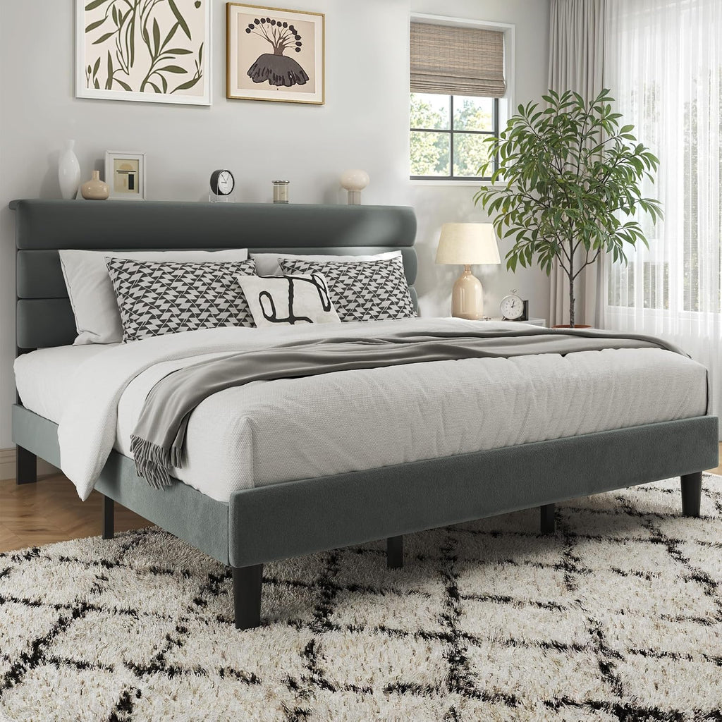 Fluest King Size Bed Frame, Platform Bed Frame with Velvet Upholstered Headboard, No Box Spring Needed, Sturdy Metal Support, Noise Free, Easy Assembly, Grey