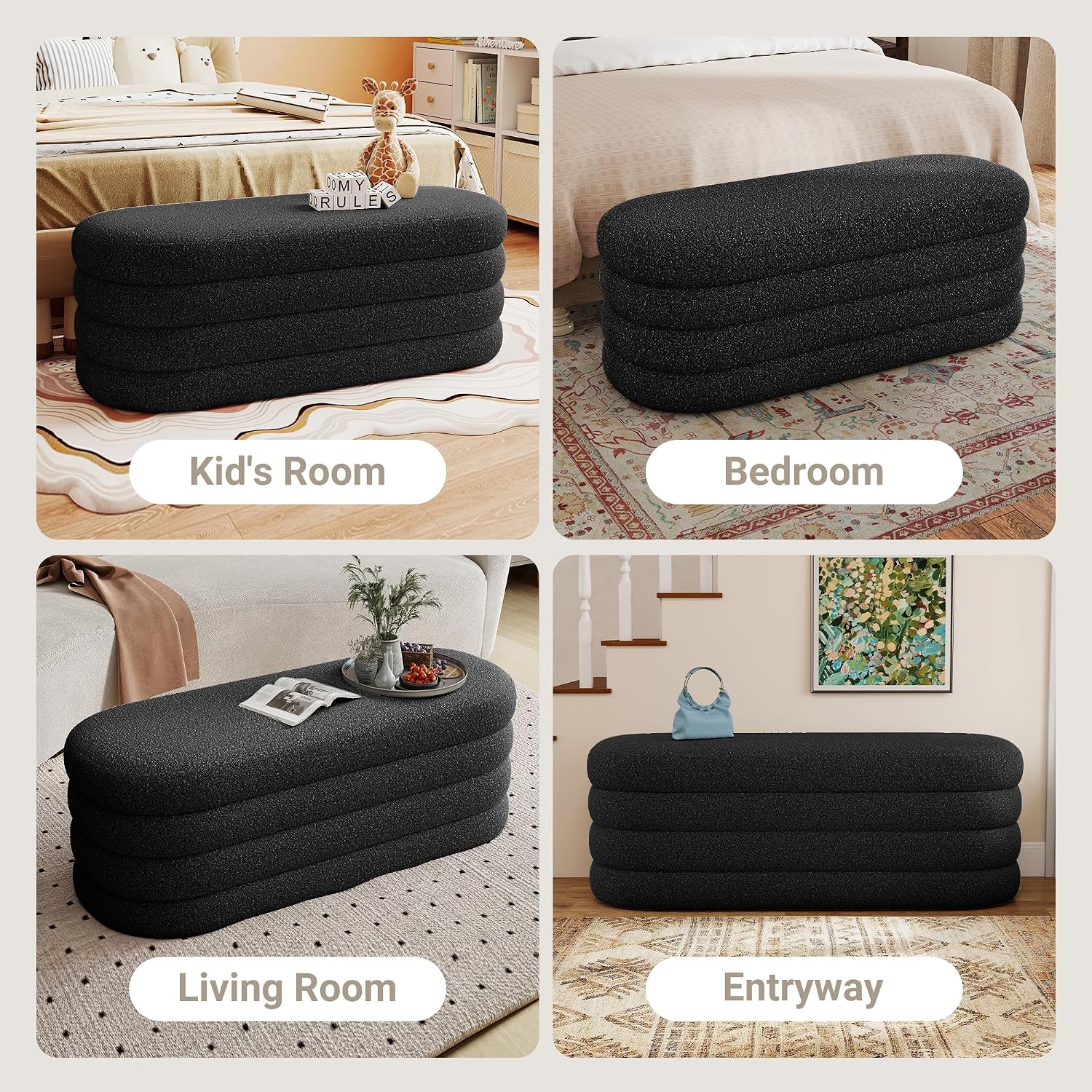 Busaurus Storage Ottoman Bench 49.2 Inch Upholstered Fabric Storage Bench for Bedroom End of Bed Aesthetic Large Oval Ottoman for Living Room Entryway (Black)