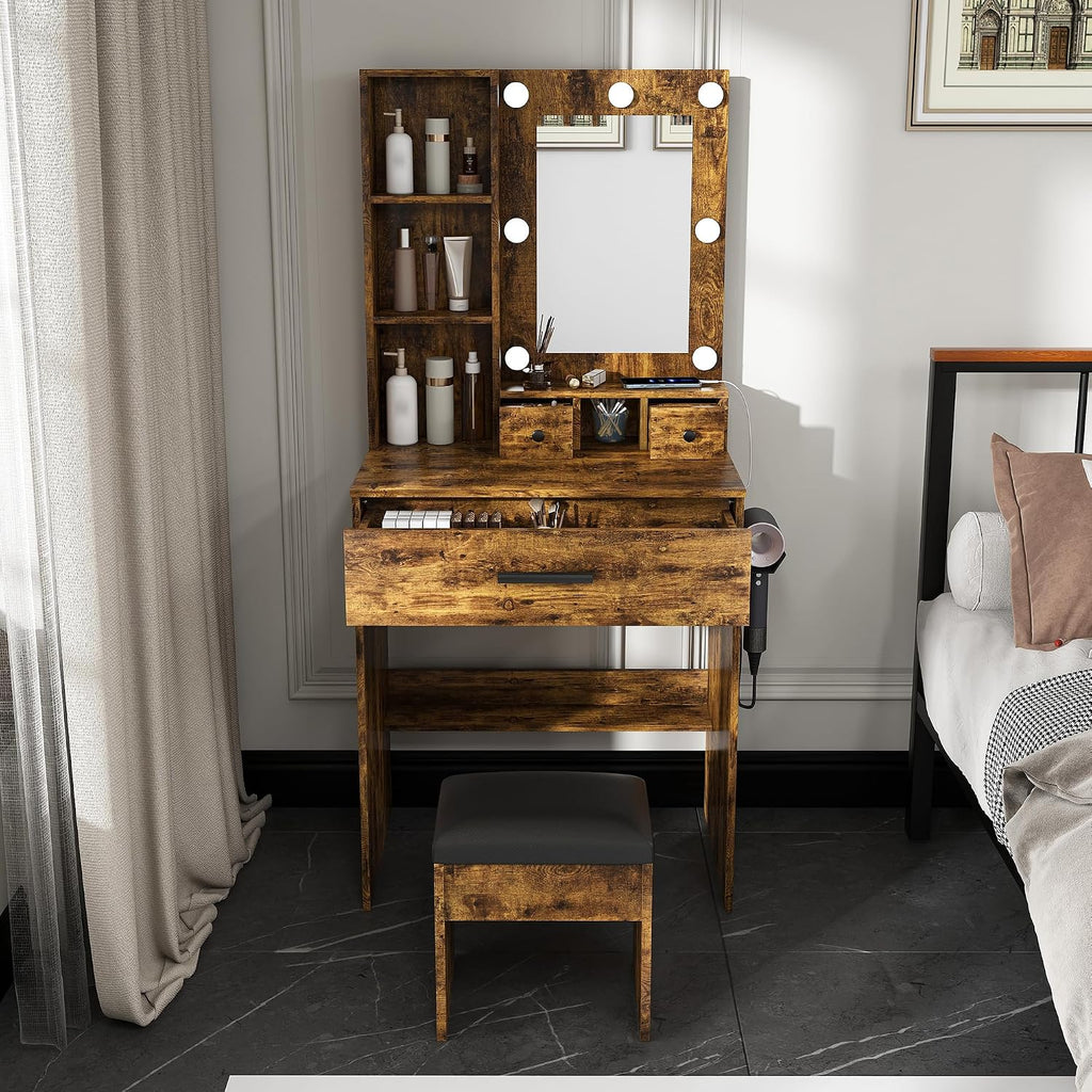 Runboll Small Vanity Desk with Mirror and Lights, Compact Makeup Vanity with Power Strip & Hairdryer Holder, Dressing Table Set with Stool, Drawers & Shelves