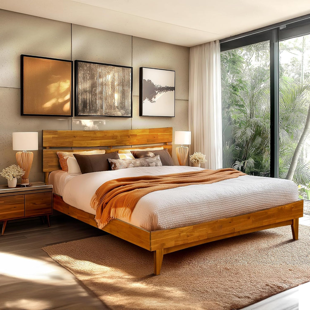 Acacia Aurora King Bed Frame with Headboard & Serena Nightstand Set – Solid Wood Platform Bed & Bedside Table, Caramel Finish