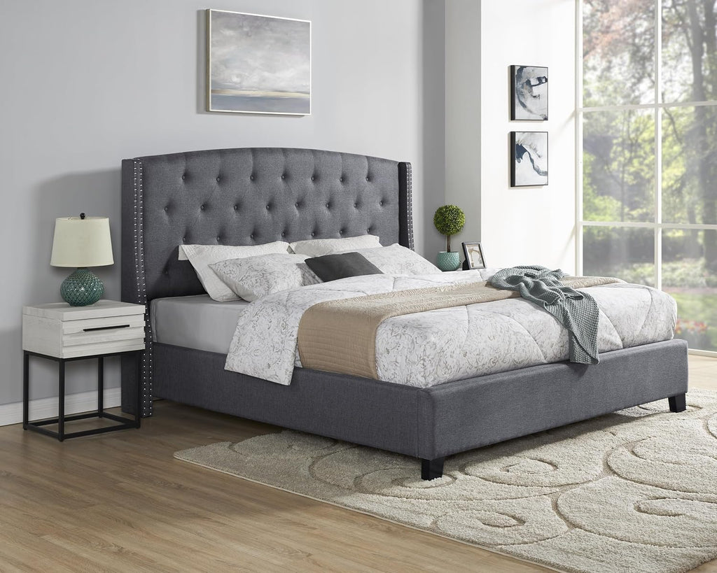 Roundhill Furniture Belize 3-Piece Upholstered Bedroom Set, Tufted Wingback Bed with Two White Nightstands, Queen