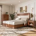 Furniture of America Forma Modern Solid Wood 3-Piece Bedroom Set with Upholstered Bed with LED Lights, Ball-Bearing Glide on Nightstand and Chest, No Box Spring Needed, King, Walnut