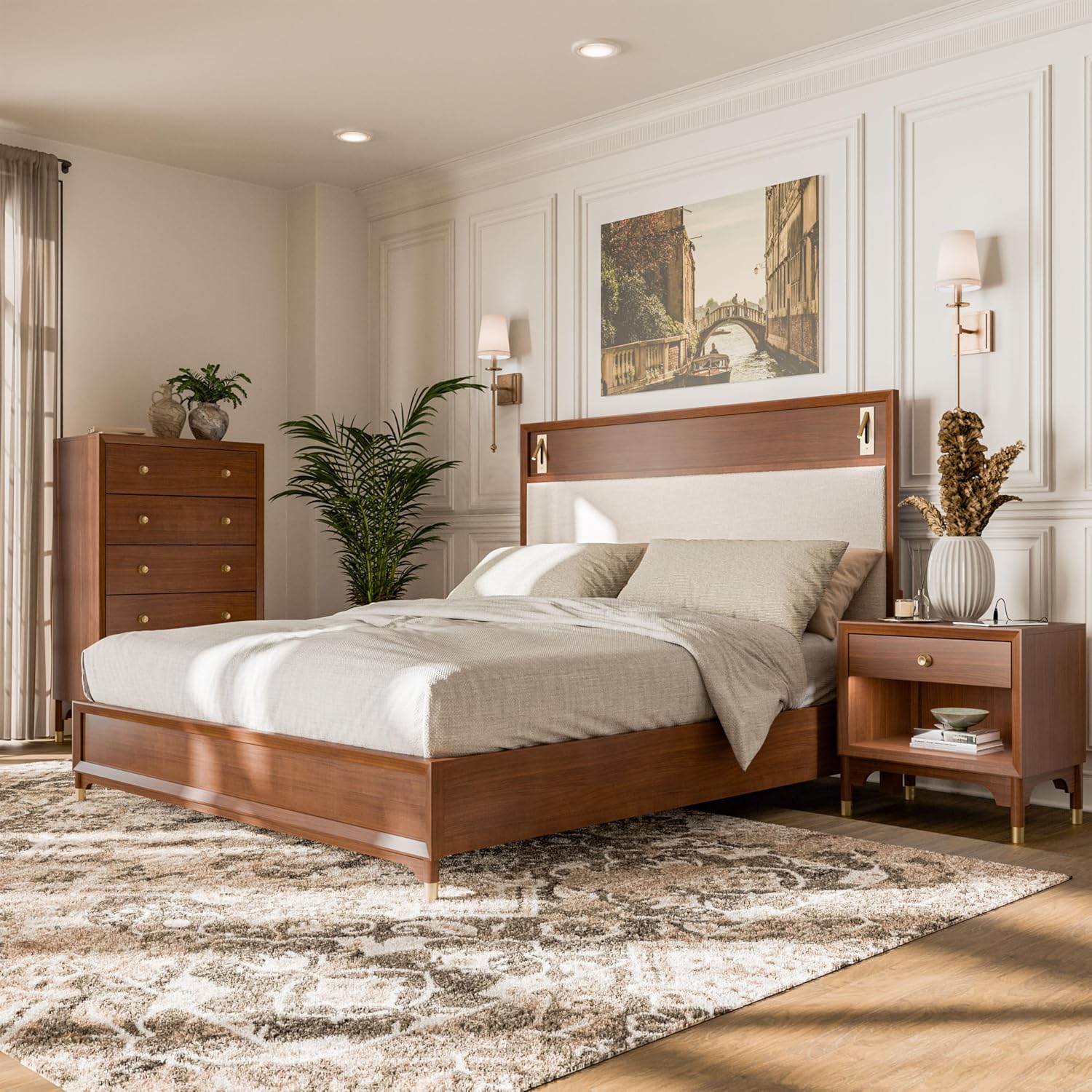 Furniture of America Forma Modern Solid Wood 3-Piece Bedroom Set with Upholstered Bed with LED Lights, Ball-Bearing Glide on Nightstand and Chest, No Box Spring Needed, King, Walnut