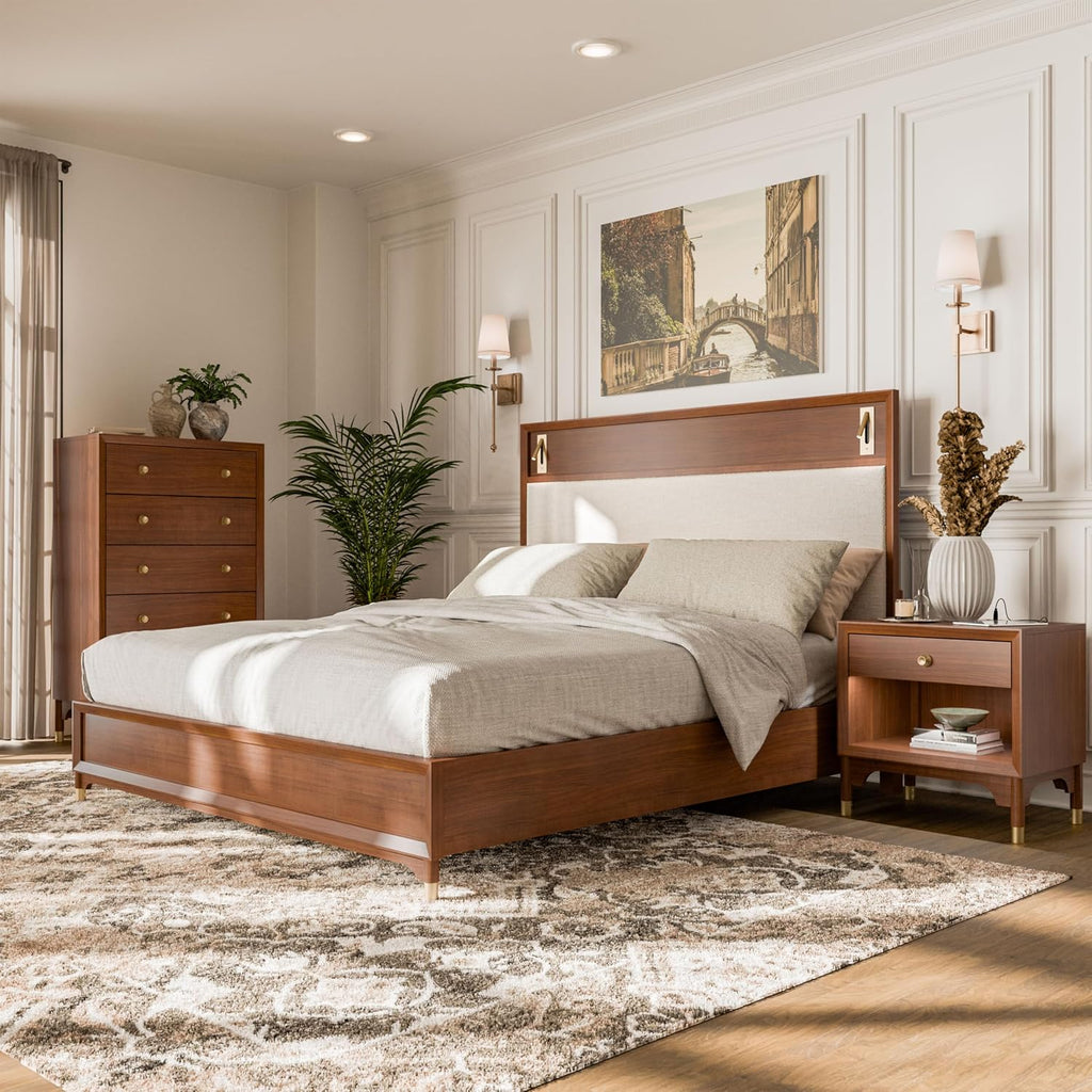 Furniture of America Forma Modern Solid Wood 3-Piece Bedroom Set with Upholstered Bed with LED Lights, Ball-Bearing Glide on Nightstand and Chest, No Box Spring Needed, Queen, Walnut