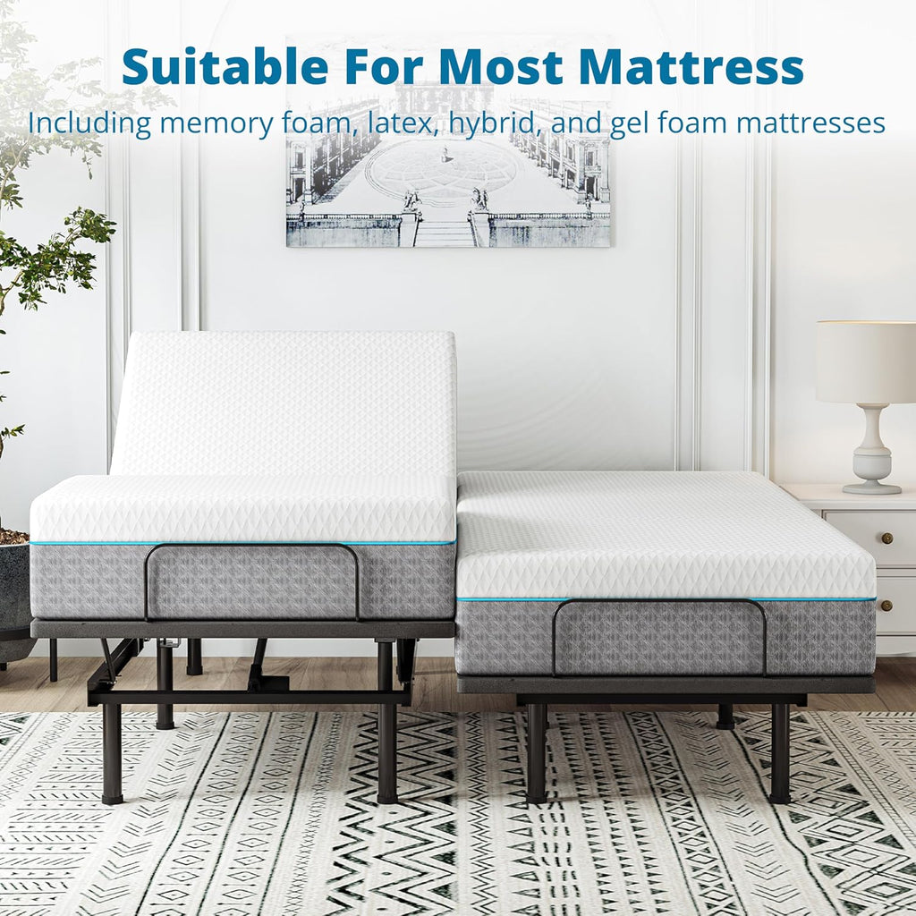 EGOHOME Split King Adjustable Bed Frame and 14 inch Charcoal Gel Memory Foam Mattress Set, Metal Foldable Bed Base with Remote, Independent Head and Foot Incline, Zero Gravity Mode, Easy Assembly