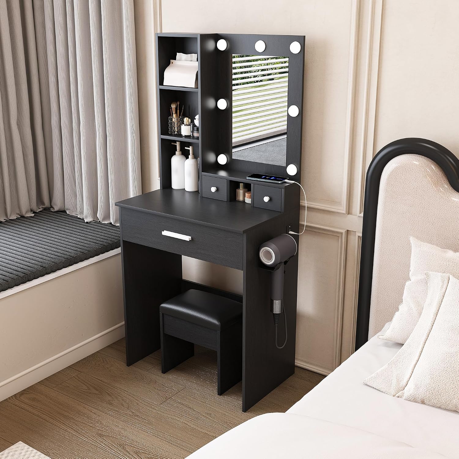Runboll Small Vanity Desk with Mirror and Lights, Compact Makeup Vanity with Power Strip & Hairdryer Holder, Dressing Table Set with Stool, Drawers & Shelves