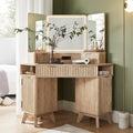 T4TREAM Fluted Makeup Vanity Desk with 3 Way Mirror and Lights, 48' Large Corner Vanity Table with Glass Top, Charging Station, 3 Drawers, Storage Cabinets & Shelves, for Bedroom, Natural Oak