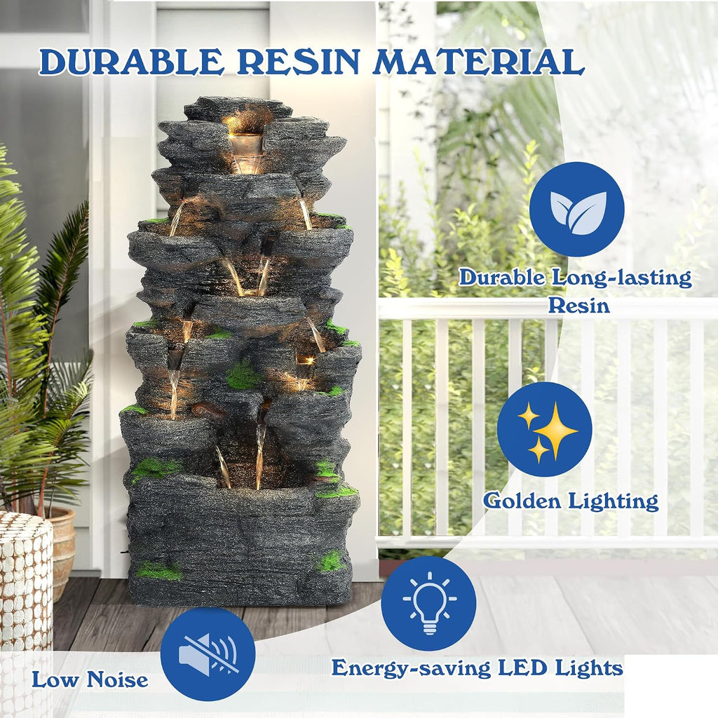 40' H 10-Tiers Cascading Rock Water Fountain Outdoor - Waterfalls Fountains with LED Lights, Outdoor/Indoor Resin Fountain for Patio, Garden, Backyard, Deck, Porch, Home Art Docor(40''H)
