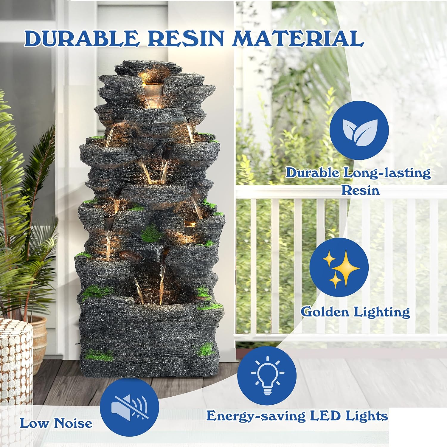 40' H 10-Tiers Cascading Rock Water Fountain Outdoor - Waterfalls Fountains with LED Lights, Outdoor/Indoor Resin Fountain for Patio, Garden, Backyard, Deck, Porch, Home Art Docor(40''H)