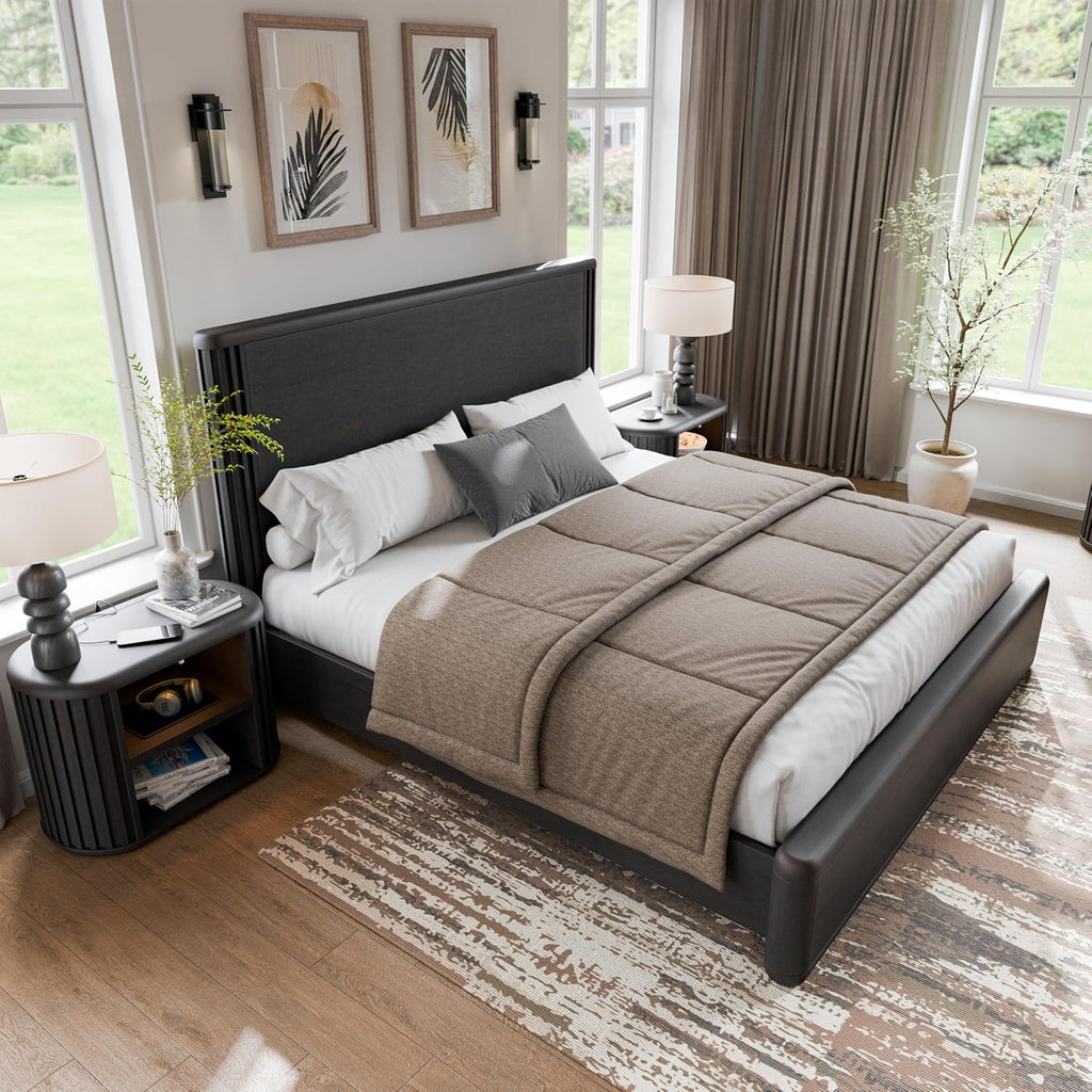 Furniture of America Elizea Modern Contemporary Solid Wood 3-Piece Queen Panel Bedroom Set with USB Ports, Dust-Proof Case and Motion Light on Open Shelf, Box Spring Needed, Black