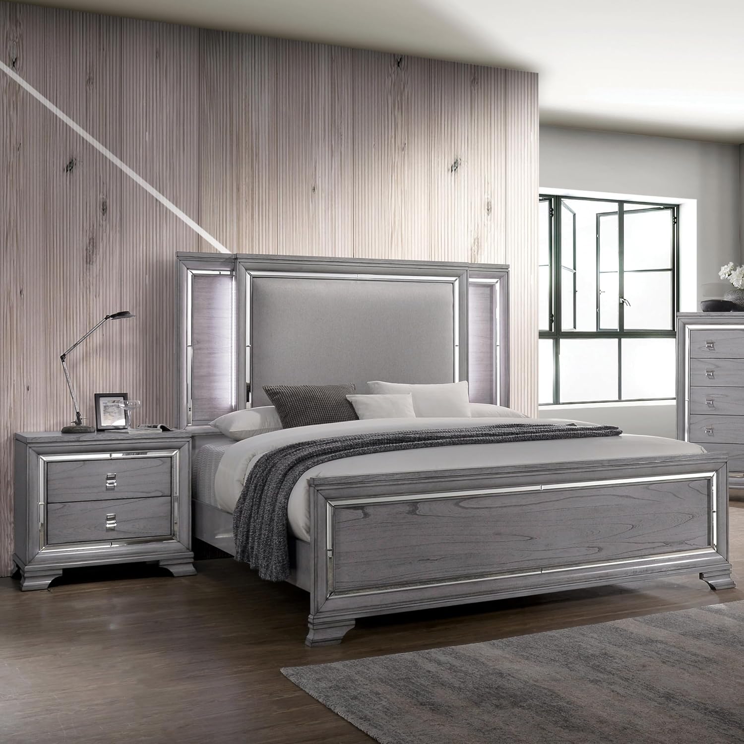 Furniture of America Zenka Solid Wood 2-Piece Bedroom Set, Queen-Size Bed with LED Light Trim and 2-Drawer Nightstand, Box Spring Required, Light Gray