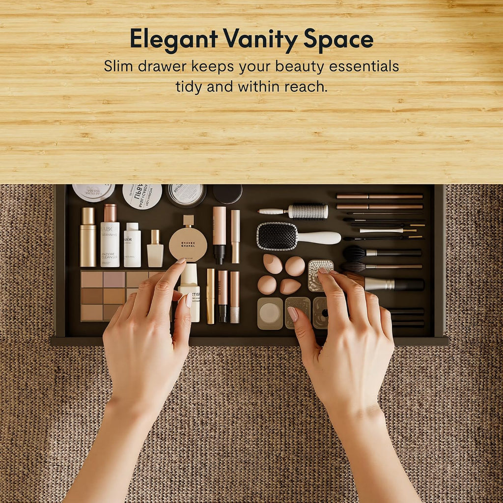 FLEXISPOT Electric Standing Makeup Vanity Desk with Drawer and USB Charge Ports,48' Height Adjustable Quick Install Dressing Table for Women Girls Bedroom Dressing Room,Bamboo-Look Laminate/Black