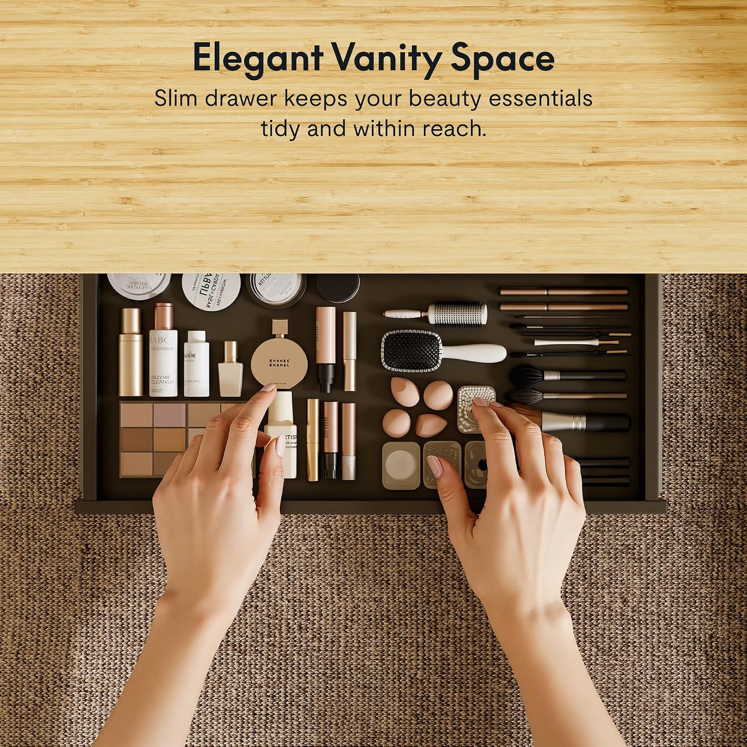 FLEXISPOT Electric Standing Makeup Vanity Desk with Drawer and USB Charge Ports,48' Height Adjustable Quick Install Dressing Table for Women Girls Bedroom Dressing Room,Bamboo-Look Laminate/Black