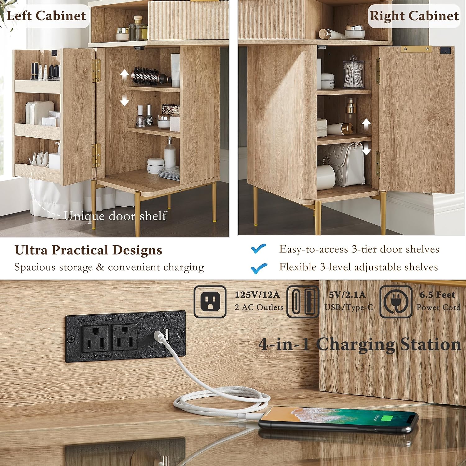 T4TREAM 48' Fluted Makeup Vanity Desk with HD Triple Mirror and Lights, Large Lighted Corner Vanity with Glass Top, Modern Dressing Table with 3 Drawers & 2 Cabinets for Bedroom, Natural Oak