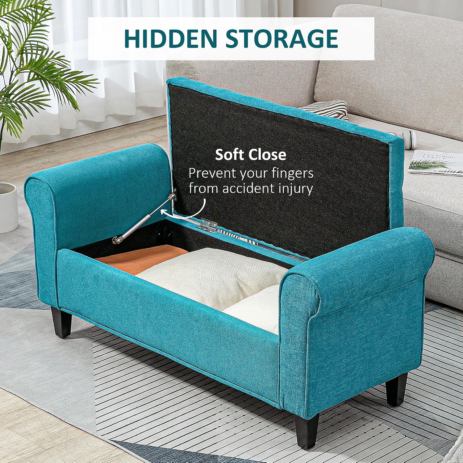 50' Storage Ottoman Bench, Upholstered End of Bed Bench with Rolled Arms, Wood Legs, Button Tufted Storage Bench with Safety Hinges for Living Room, Entryway, Bedroom, Teal