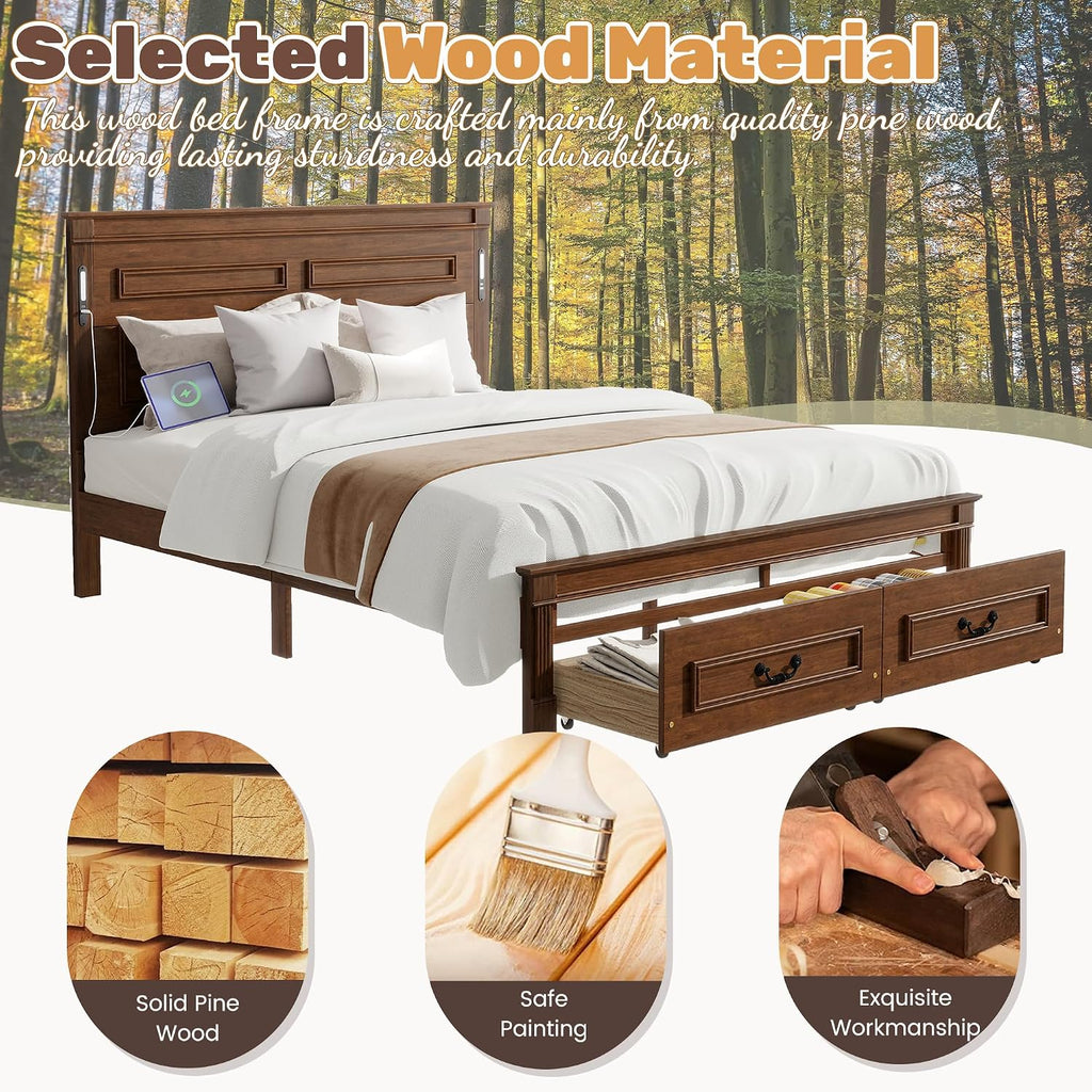 Queen Bed Frame with 46' Tall Headboard, Farmhouse Solid Wood Queen Platform Bed with 2 Storage Drawers,LED Lights & USB Charging Station,No Box Spring Needed, Walnut